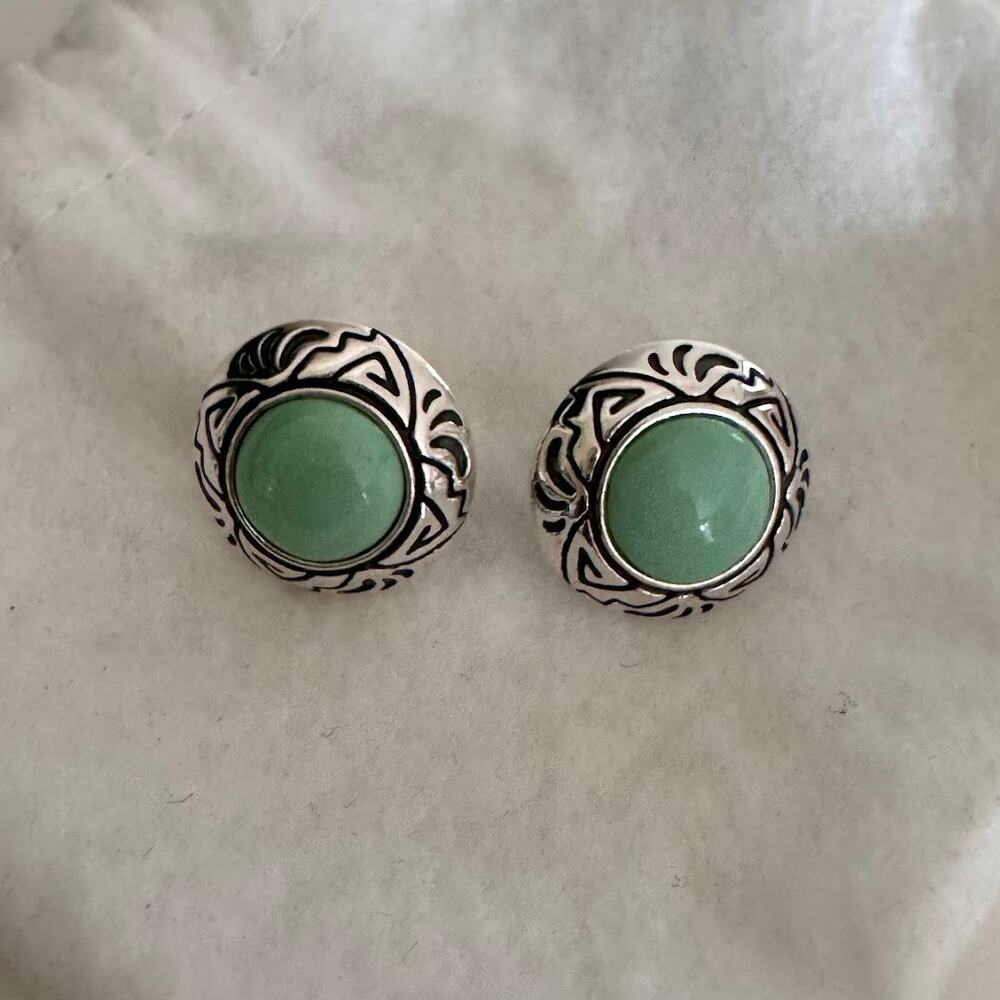 Carolyn Pollack Relios Sterling Silver 925 Green Cabochon Round Stud Earrings 8g